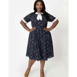 Vintage Unique A-Line Dress Navy Floral Peter Pan Collar Women’s Size L NWT